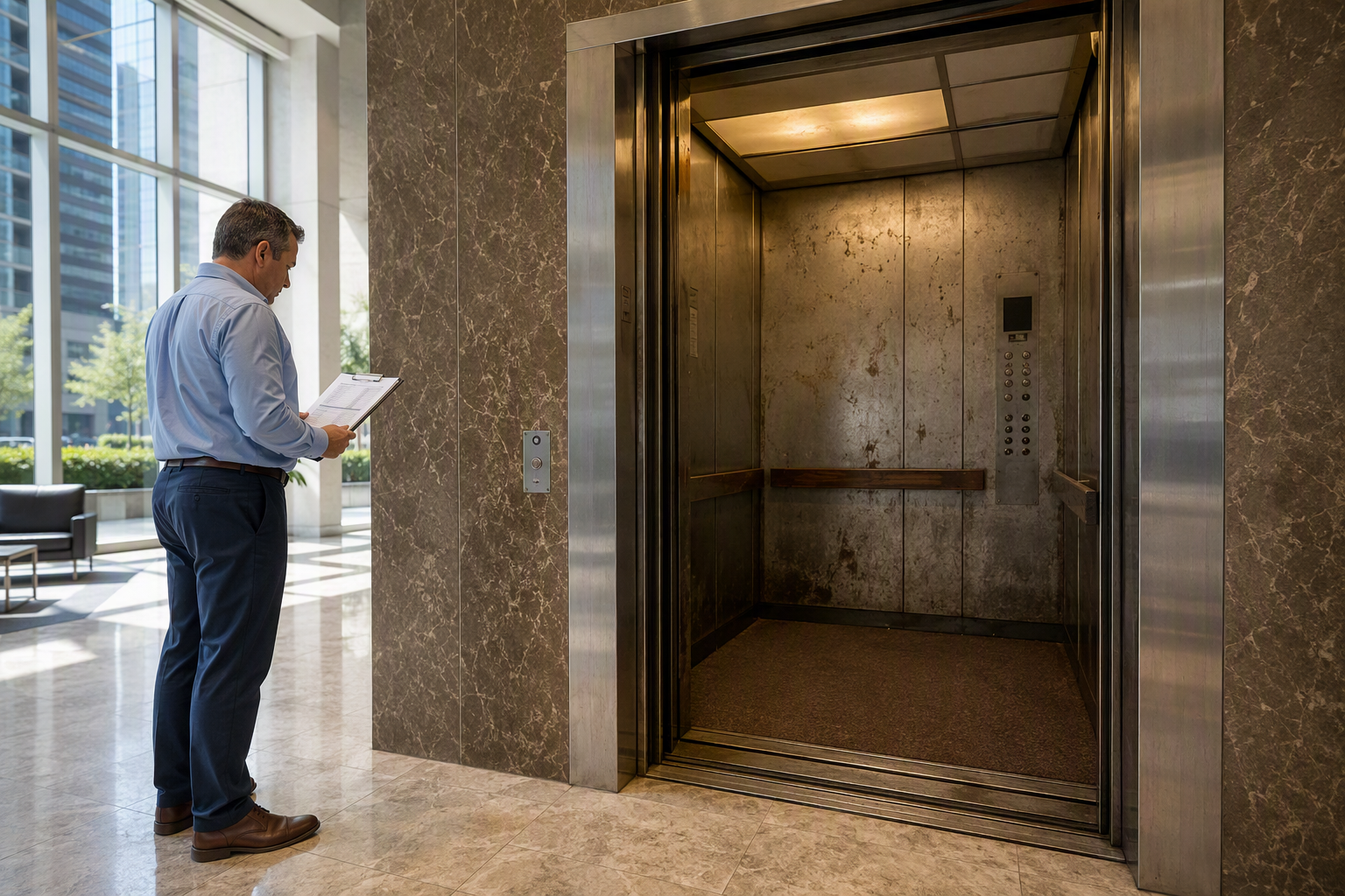 Building manager in Houston office lobby comparing elevator repair costs versus ongoing maintenance on aging elevator equipment with worn cab interior visible