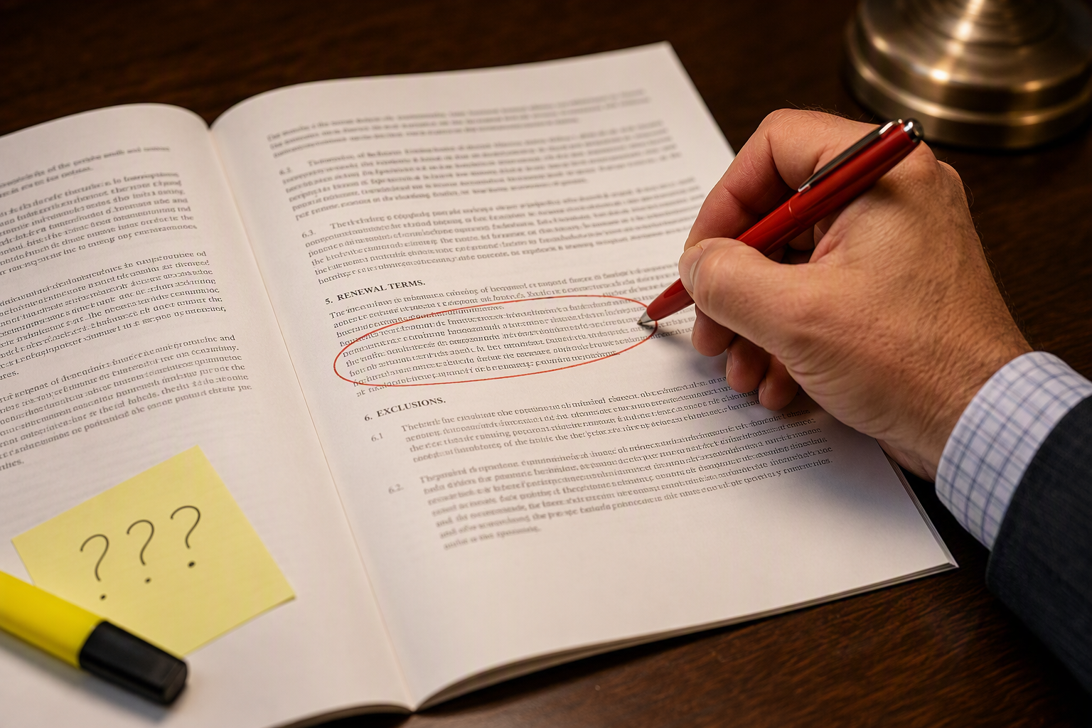 Annotating Key Elevator Contract Clauses Facility manager circling automatic renewal and exclusion clauses in an elevator service contract before signing