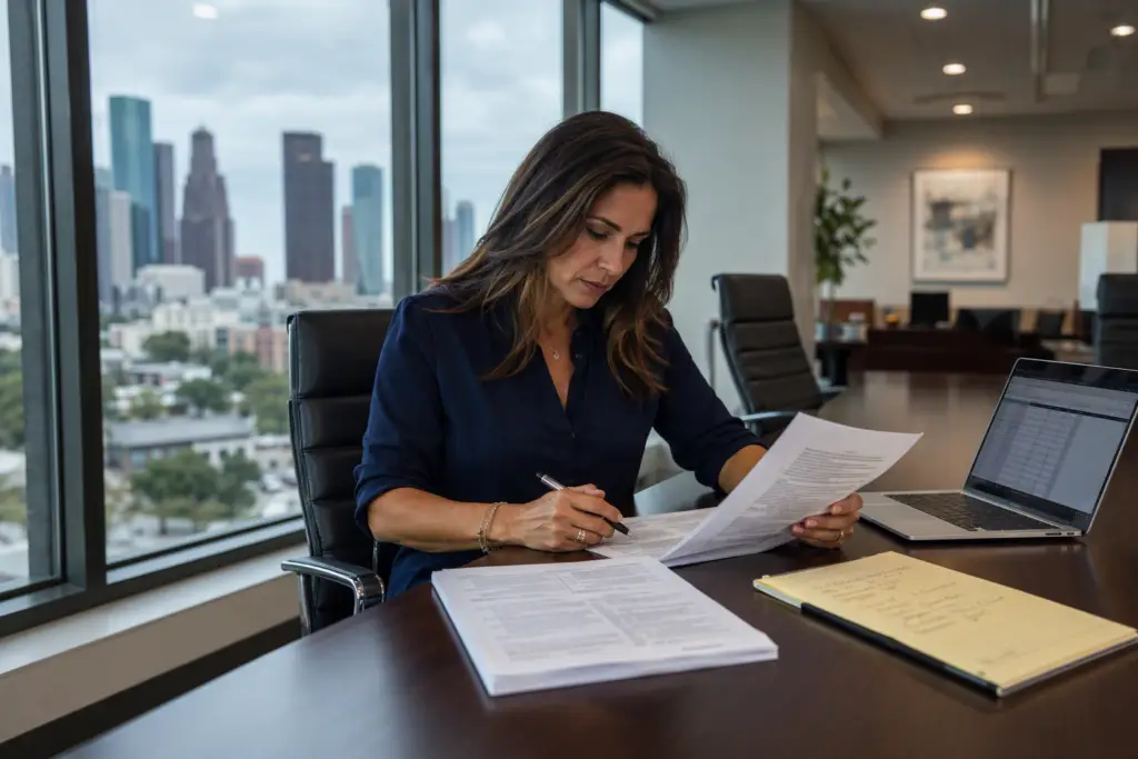 Building manager reviewing elevator service contract terms and clauses at a desk in a Houston commercial office before signing