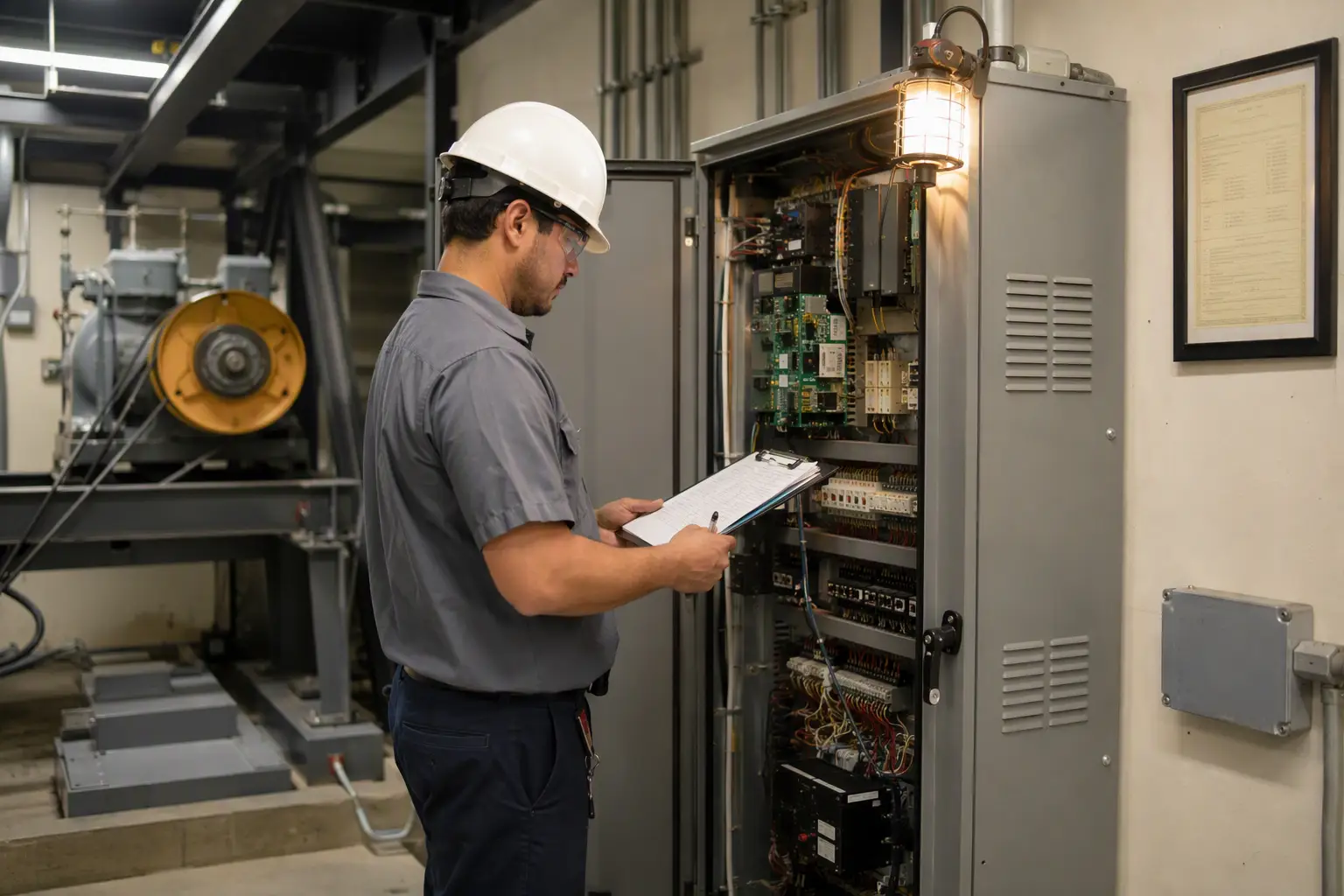 Elevator Machine Room Compliance Inspection Elevator technician reviewing inspection checklist against controller equipment in a Los Angeles commercial building machine room