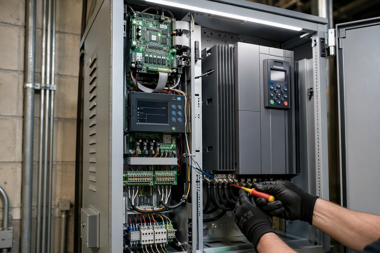 VFD and Control System Modernization Close-up of a newly installed variable-frequency drive and solid-state elevator controller in a Texas commercial building machine room