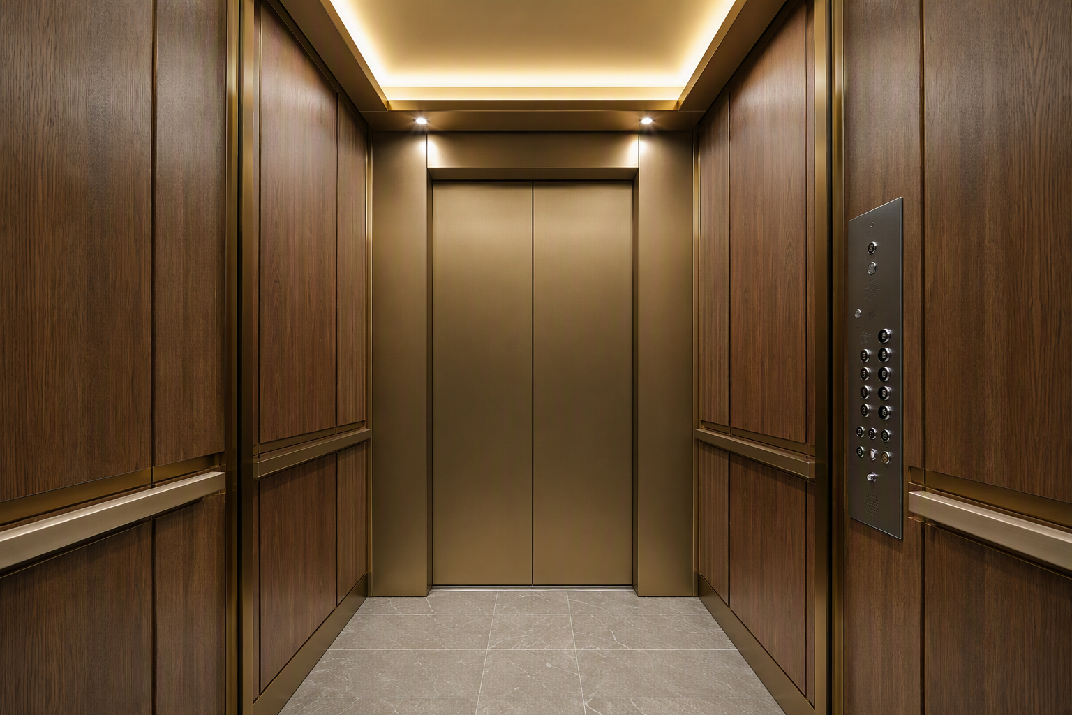 Renovated Cab Interior with ADA-Compliant Controls Renovated elevator cab interior with ADA-compliant controls and premium finishes in a Los Angeles multifamily high-rise, supporting higher rents and property value