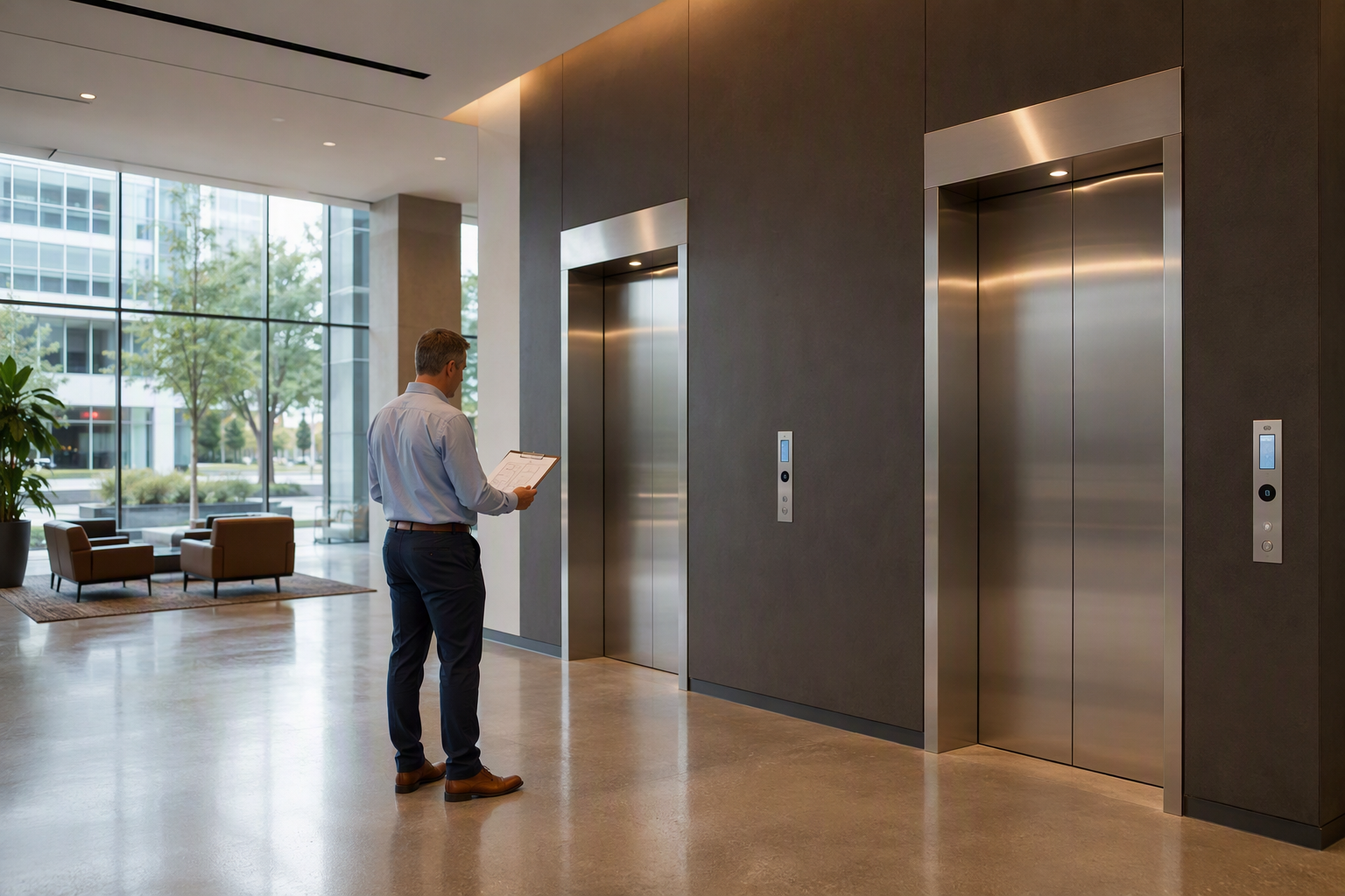 Office Building Elevator Modernization Review Building manager reviewing elevator modernization plans in a Houston office building lobby, evaluating upgrades that improve NOI and property value