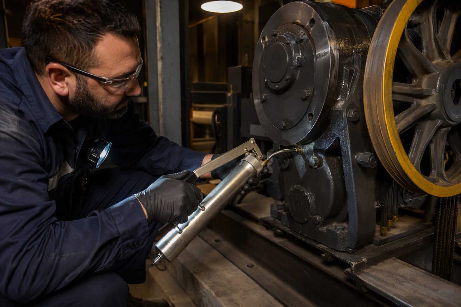 Elevator technician applying grease to machine room gear drive during an oil and grease contract preventive maintenance visit in a Dallas mid-rise building.