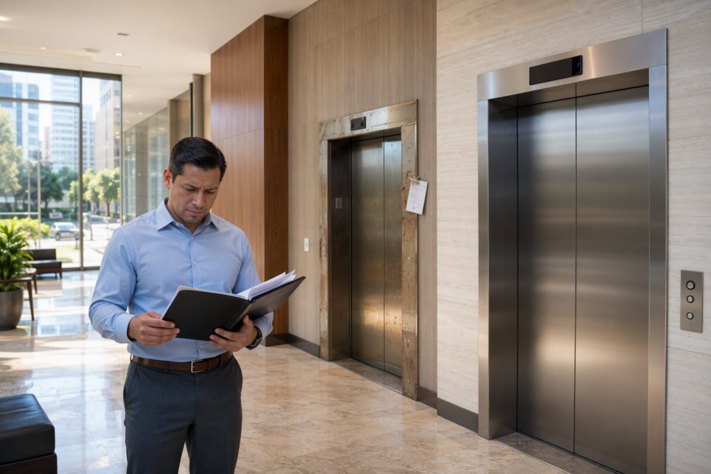 Building manager reviewing elevator service contract binder in Houston office lobby beside two elevator doors, illustrating the choice between full maintenance and oil and grease contracts.