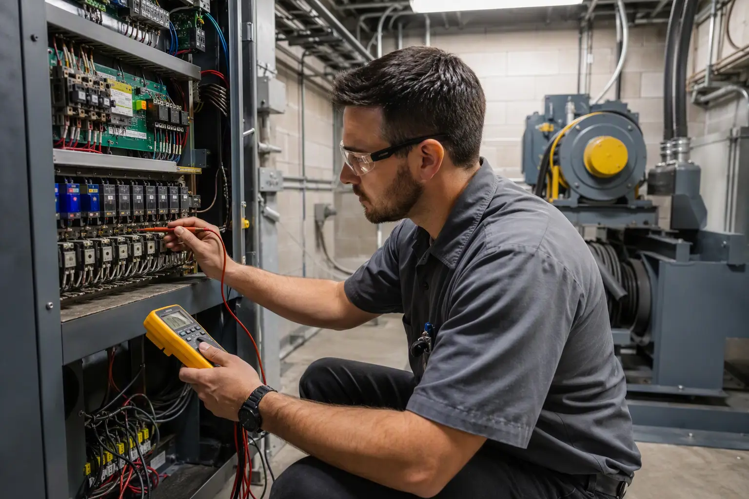 Elevator technician inspecting a controller relay board inside a commercial machine room, illustrating the repair labor covered under a full-service elevator maintenance contract