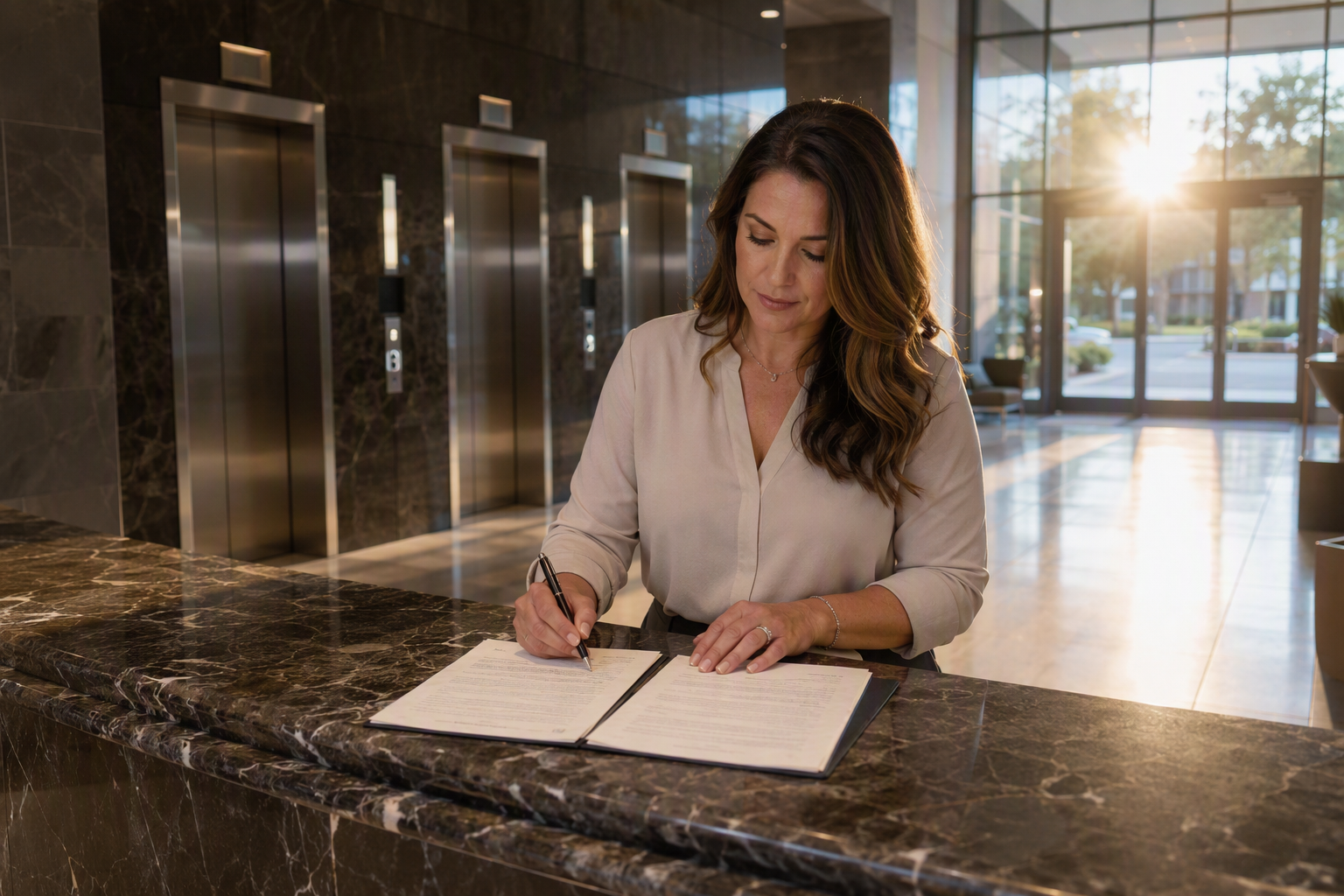 Building property manager comparing full-service and parts-and-labor elevator maintenance contracts at a Houston mid-rise office lobby reception desk