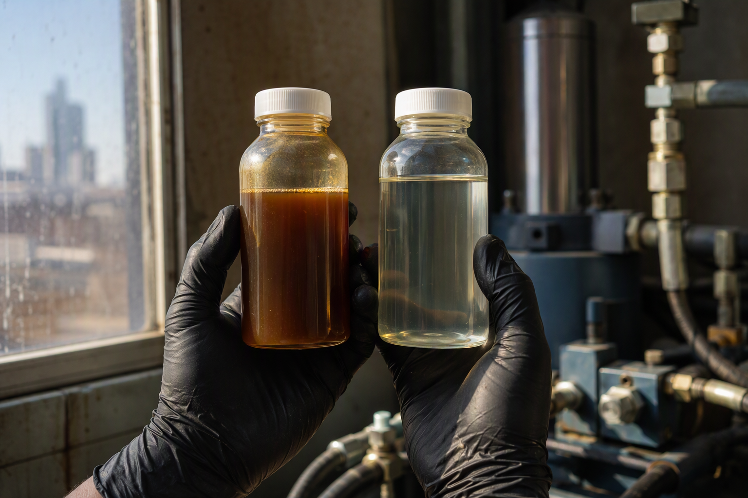 Elevator technician comparing degraded dark hydraulic fluid sample to fresh clear fluid in a Dallas Texas machine room showing heat-related oxidation damage