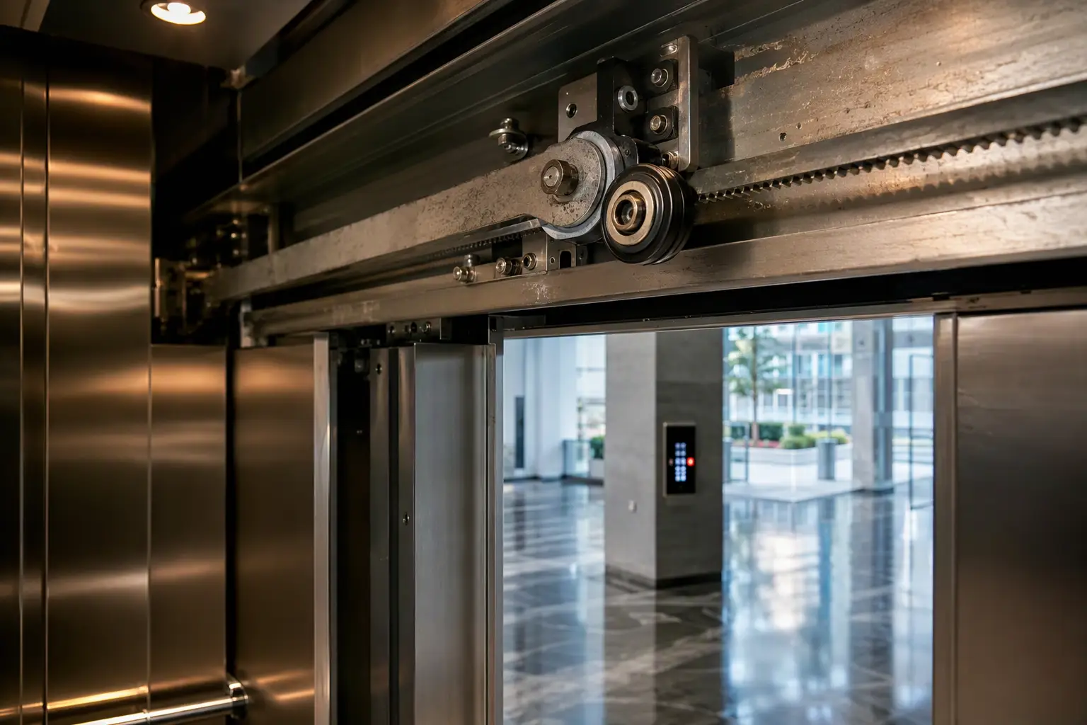 Elevator door operator coupler arm and clutch roller showing heat-related wear and track misalignment inside a Los Angeles California commercial office building