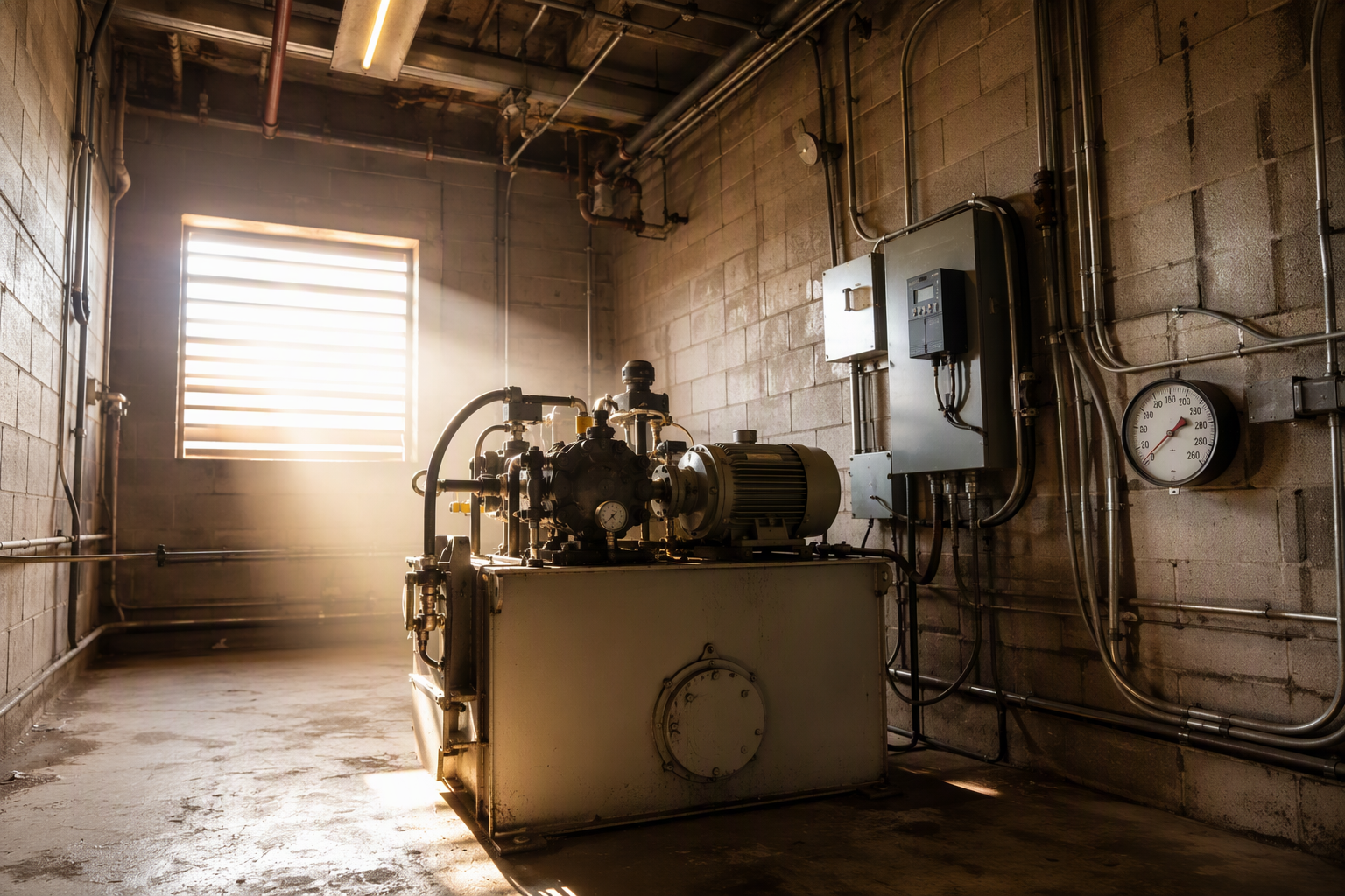 Elevator machine room in a Houston Texas rooftop penthouse showing hydraulic power unit and controller panel exposed to extreme summer heat conditions