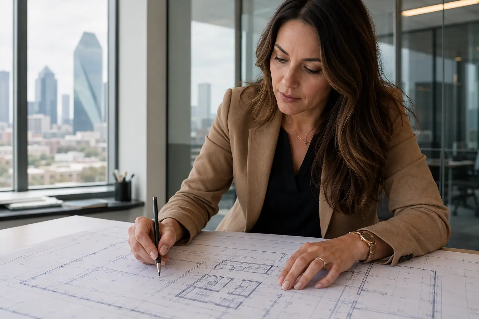 Building manager reviewing architectural floor plans with elevator core layouts to determine how many elevators an office or apartment building needs per square footage and floor count