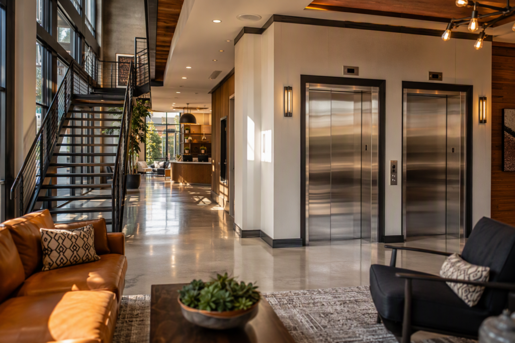 Two-elevator bank in a modern Houston apartment building lobby, illustrating how many elevators a mid-rise residential building needs by floor count and square footage