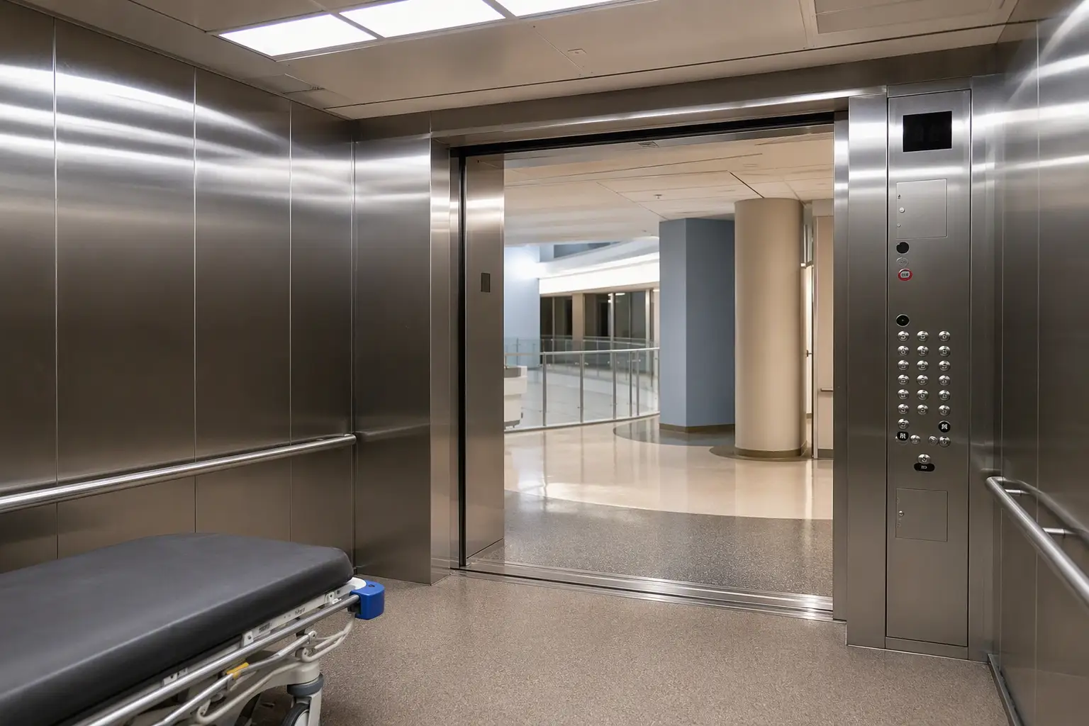 Wide-door hospital elevator cab interior in a San Diego healthcare facility showing ADA-compliant stretcher-accessible dimensions required for medical buildings needing multiple elevators