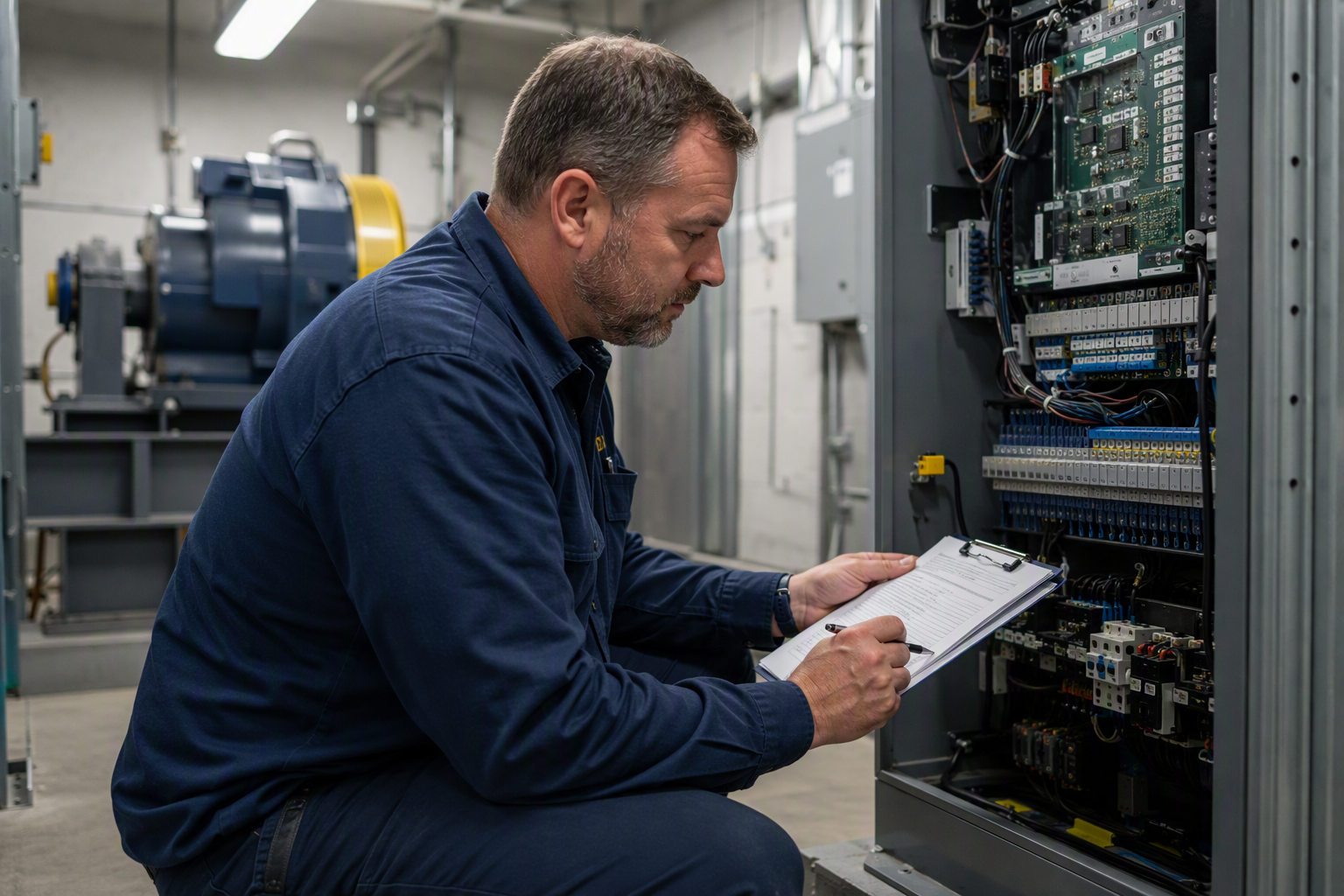 Preventive Maintenance Contract Scope Elevator technician inspecting a traction drive controller during a preventive maintenance visit, a key budget line item for commercial property managers