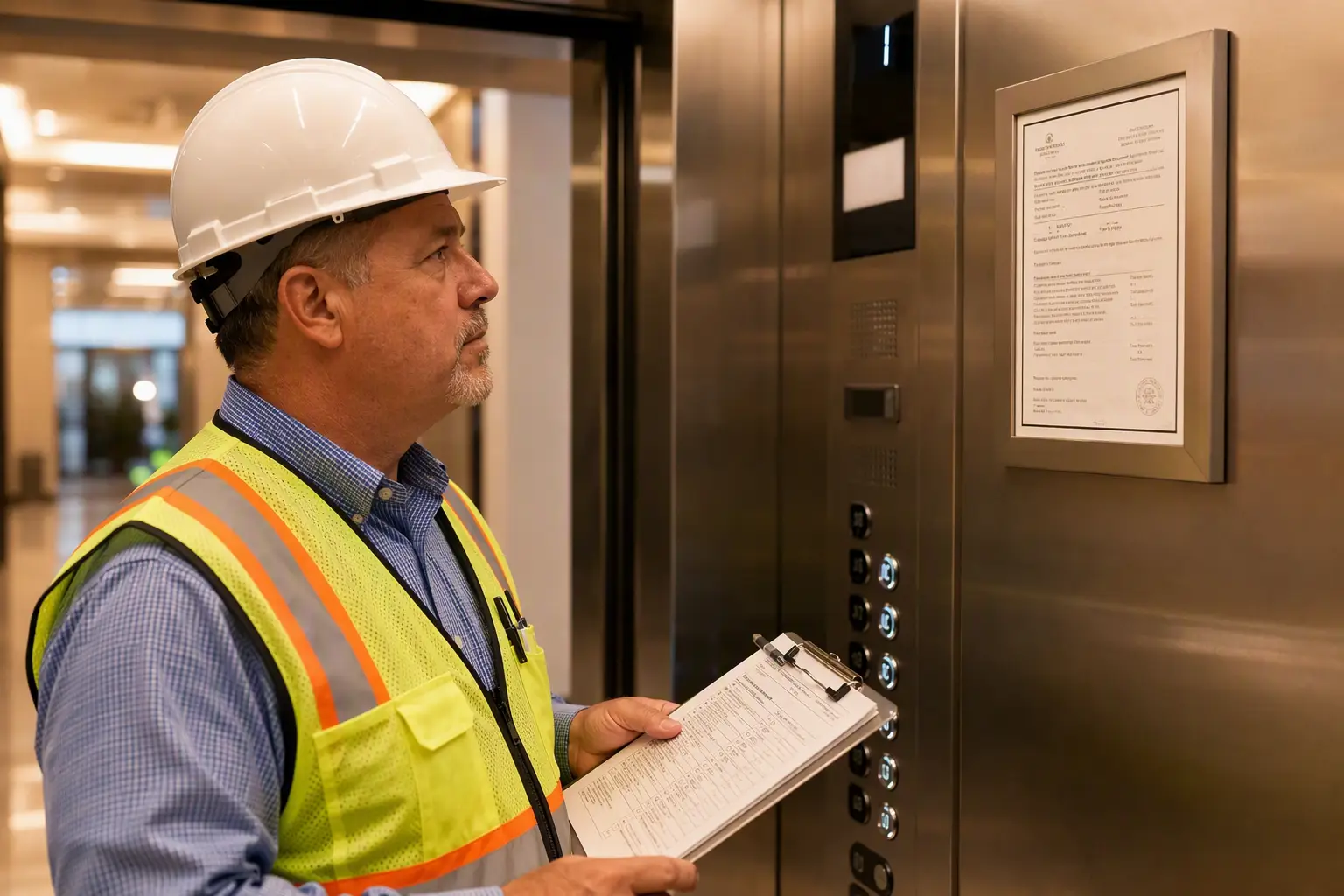 Texas and California Elevator Inspection Requirements Licensed elevator inspector reviewing a compliance certificate inside a Los Angeles commercial building elevator cab during a state-mandated periodic inspection