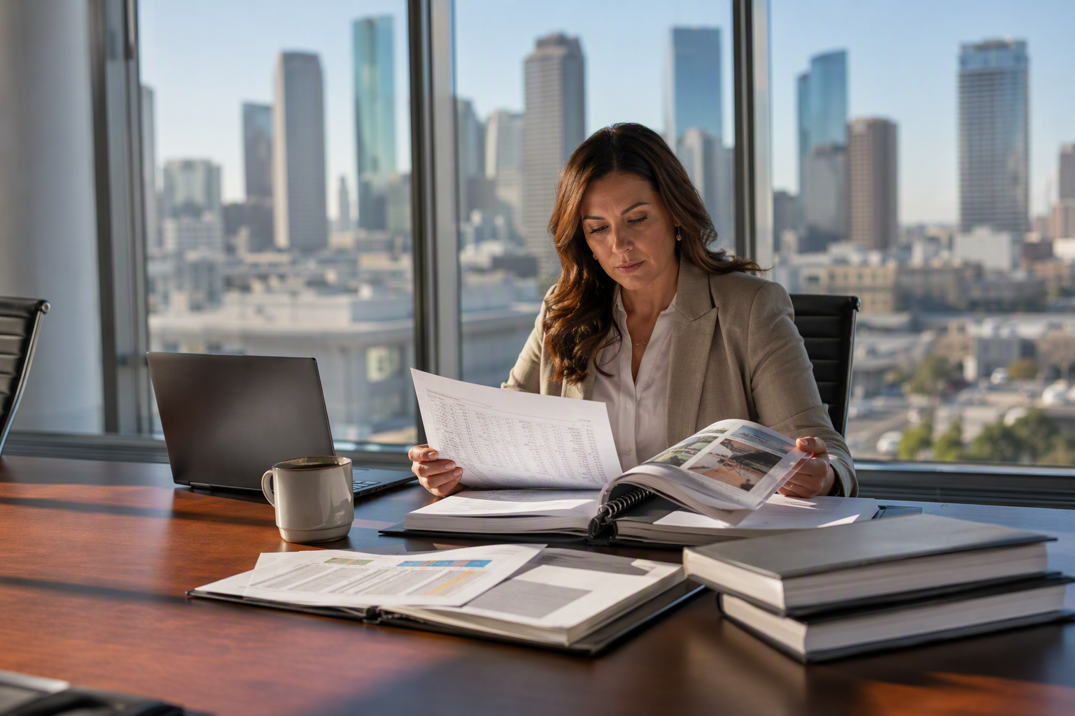 Planning Your 2027 Elevator Maintenance Budget Property manager reviewing 2027 elevator maintenance and repair budget spreadsheets at a conference table in a Houston high-rise office building