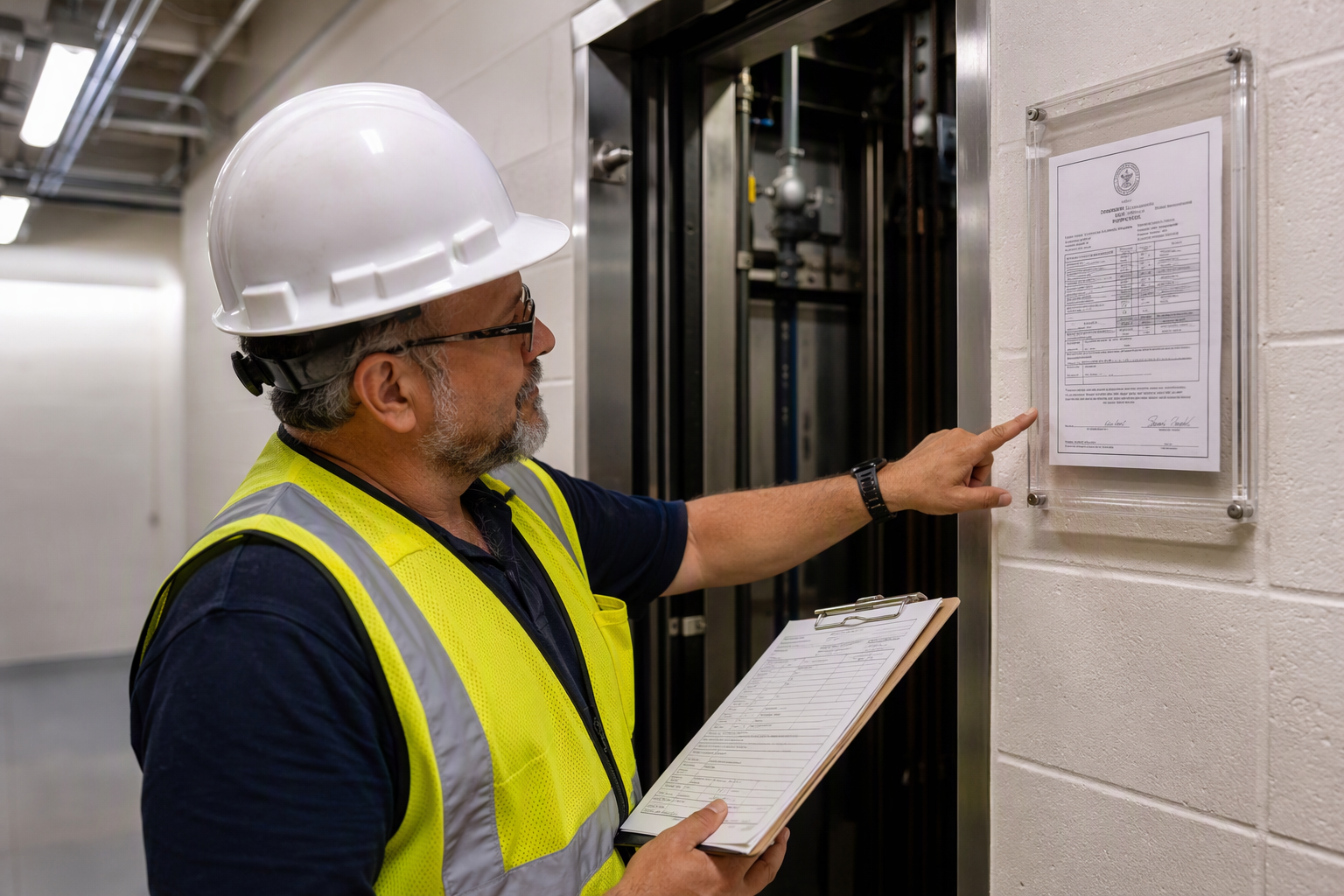 Licensed elevator inspector reviewing Texas TDI certificate of inspection beside a commercial elevator hoistway in Houston TX, required annual compliance step for 2027 building operations budgets