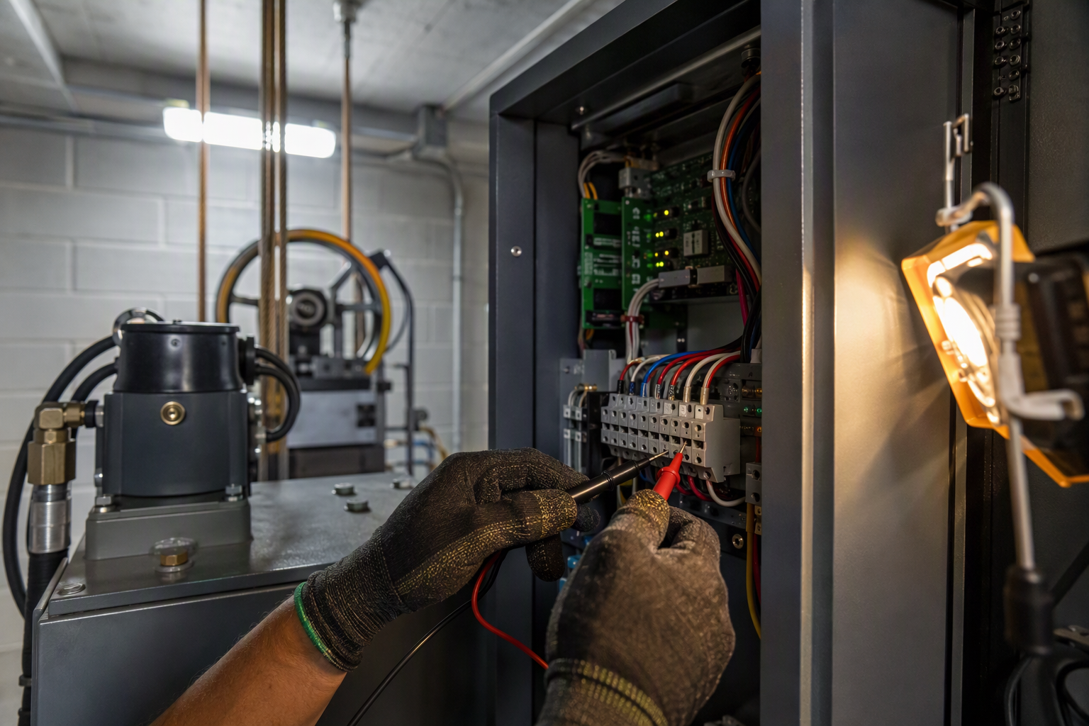 Elevator technician testing controller panel components with a digital multimeter inside a Houston TX machine room, representing capital repair reserve work for hoist ropes, controller boards, and bra
