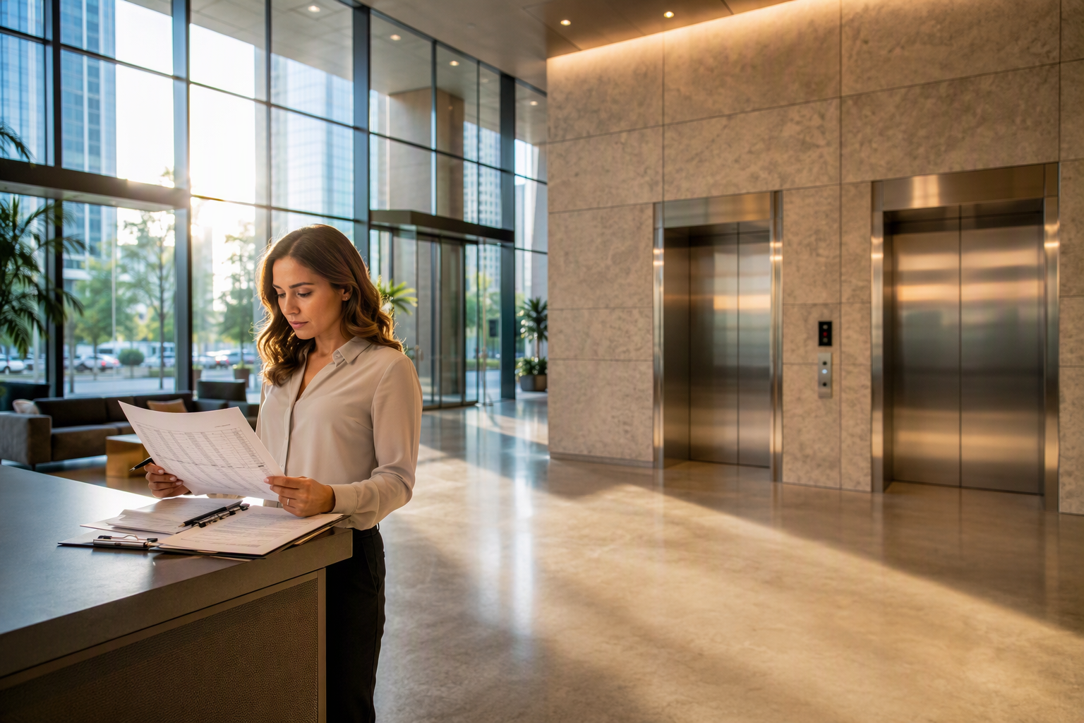 Houston TX property manager reviewing 2027 elevator maintenance repair and modernization budget spreadsheet in a commercial office building lobby with stainless-steel elevator doors visible