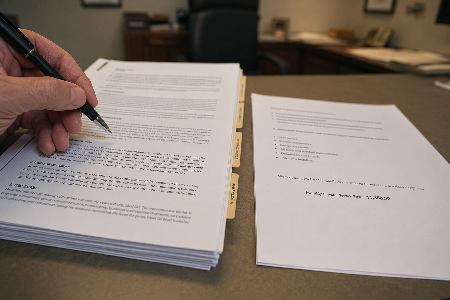 Elevator Bid Scope Differences Up Close Two structurally different elevator service bid documents side by side showing how contract scope, parts coverage, and compliance terms vary between proposals