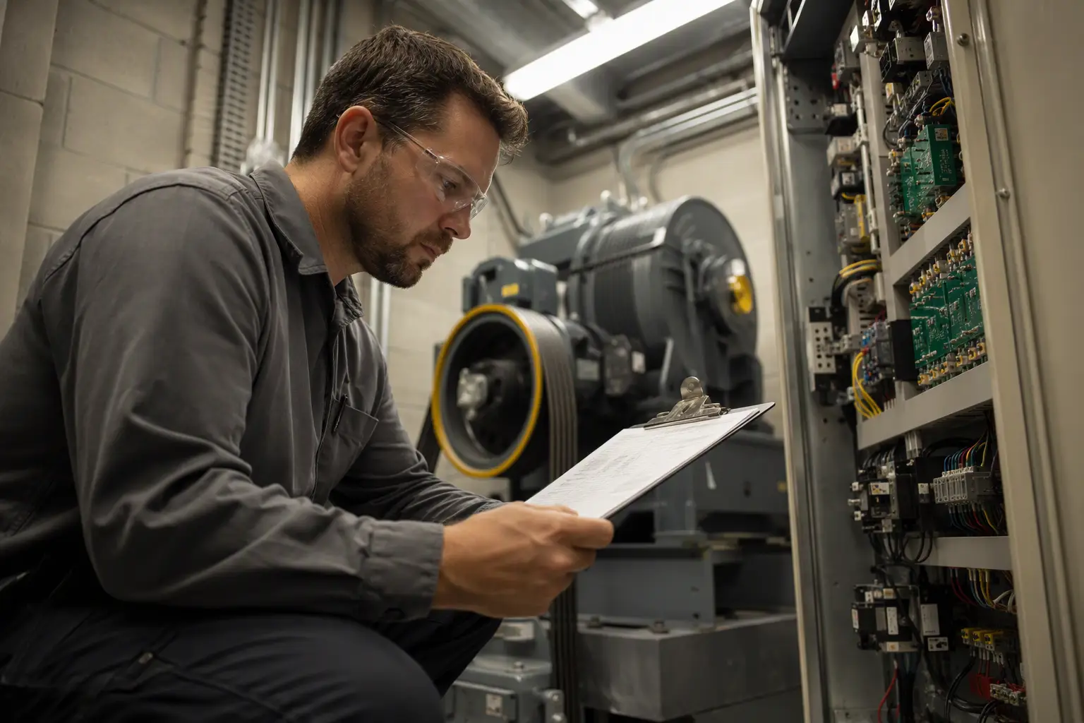Reviewing Elevator Equipment Specs Before Bidding Elevator technician reviewing a specification sheet beside an open controller cabinet in a Dallas commercial building machine room during a service evaluation