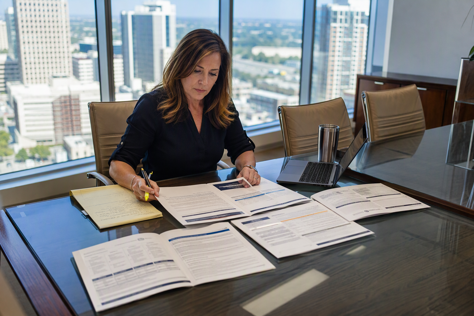 Comparing Elevator Service Bids Side by Side Property manager comparing multiple elevator service bids spread across a conference table in a Houston office, highlighting differences in contract scope and pricing