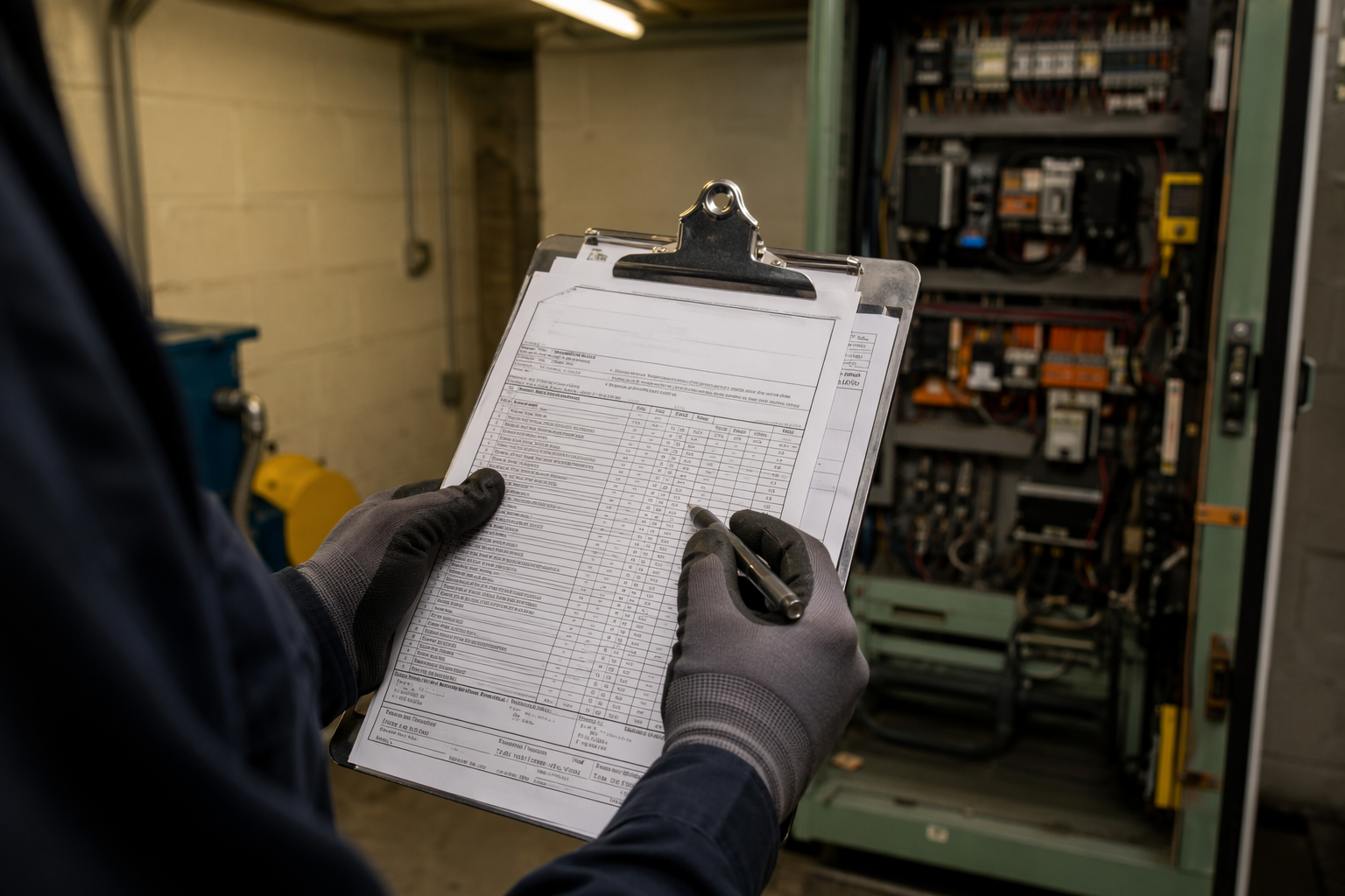Elevator inspector reviewing ASME A17.3 compliance documentation in a Dallas machine room, verifying Texas regulatory requirements are met.