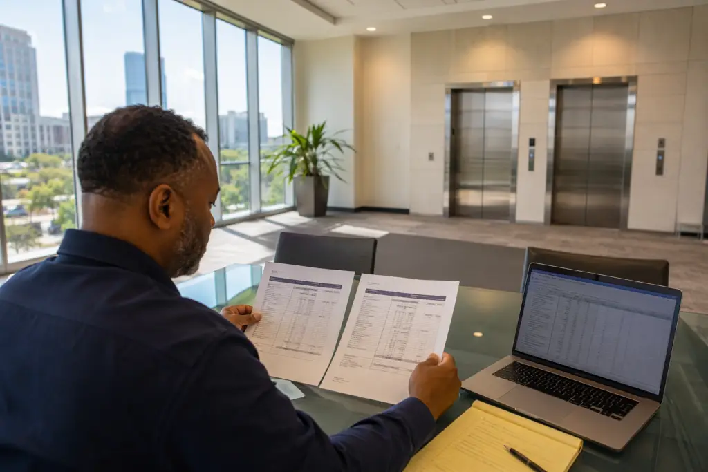 Facility manager in Houston comparing two elevator service company bid proposals side by side on a conference table to evaluate fair pricing.