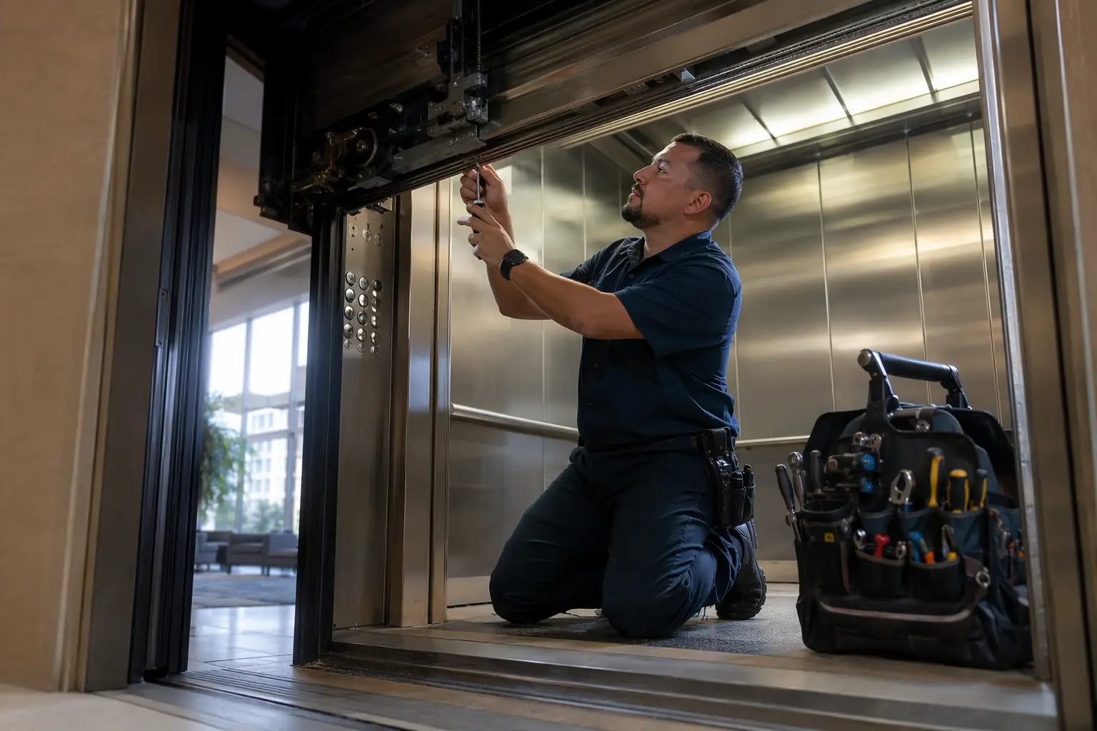Elevator technician performing scheduled preventive maintenance on a door operator inside a Houston commercial building cab as part of a full-coverage service contract.