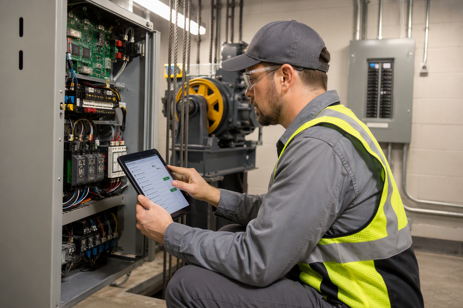 Elevator technician inspecting a traction machine controller in a commercial building machine room to diagnose root causes of elevator downtime in an apartment or hotel