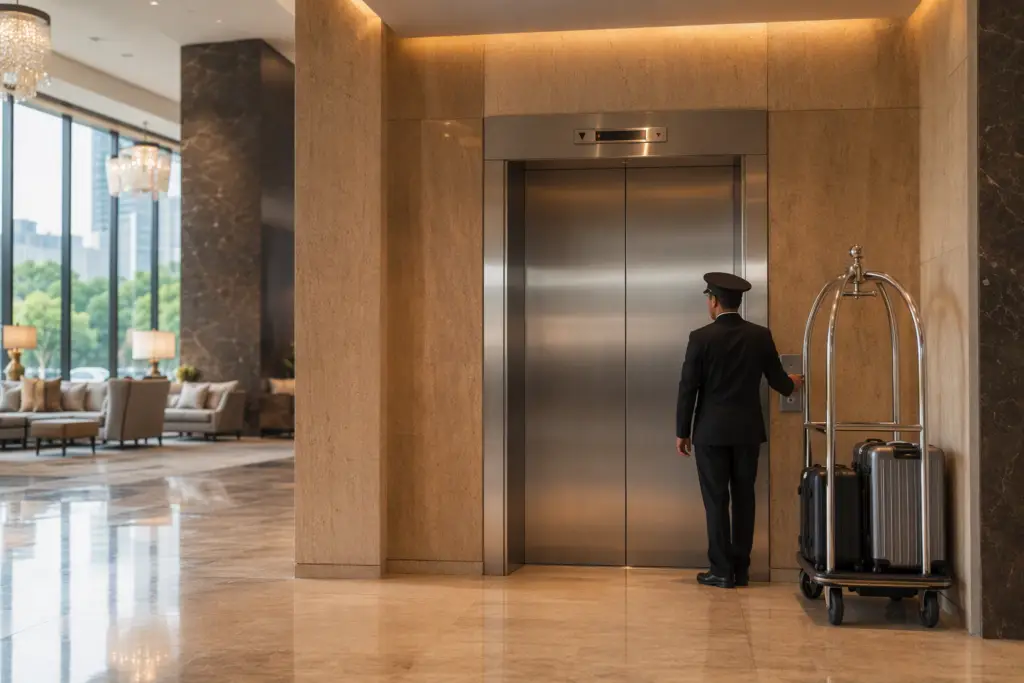 Hotel lobby elevator with stainless-steel doors and warm ambient lighting in a Houston Texas commercial building, representing strategies to reduce elevator downtime without disrupting guests