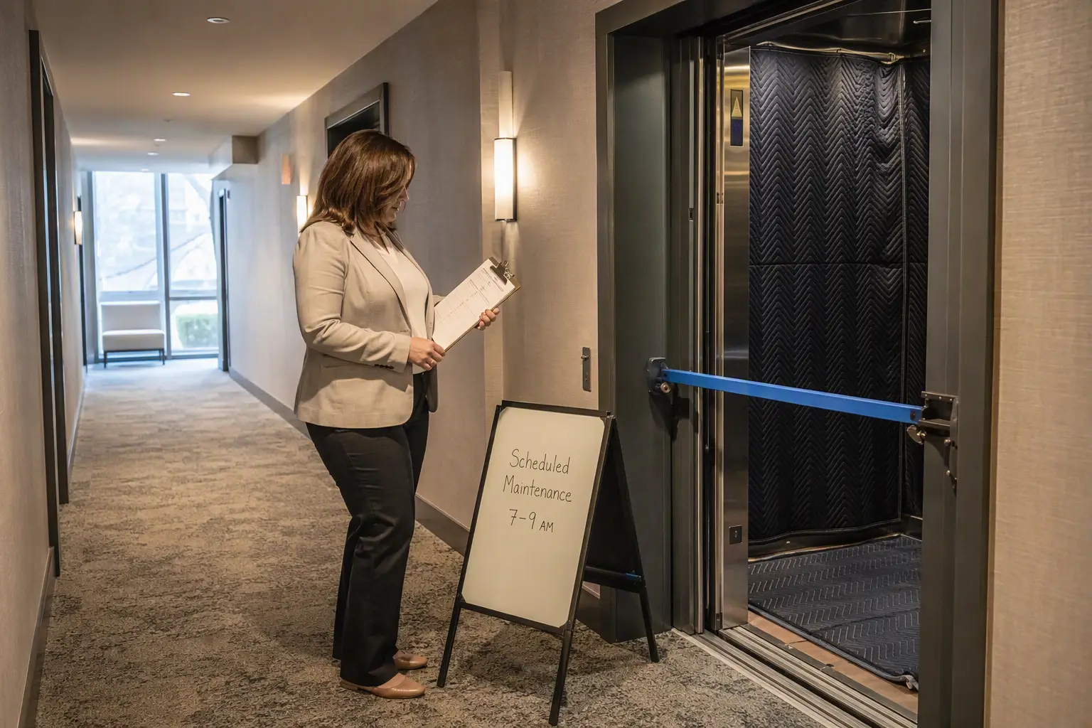 Building property manager reviewing an elevator maintenance schedule in a Los Angeles apartment hallway during low-traffic early morning hours to minimize tenant disruption