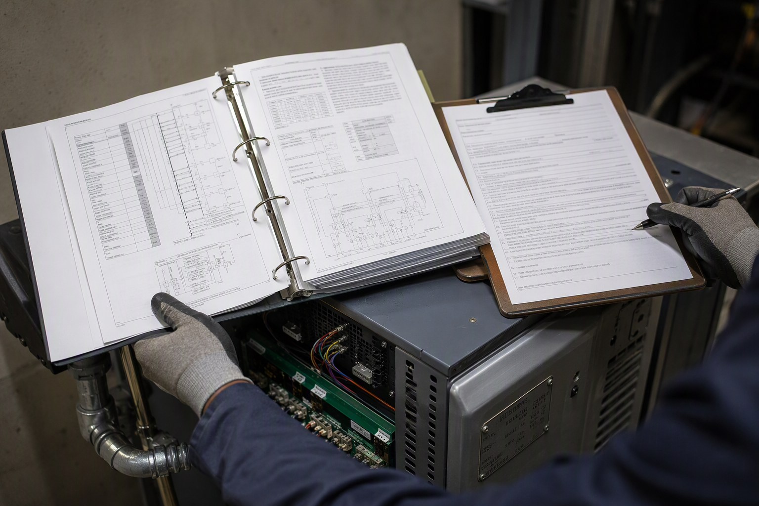 Elevator mechanic reviewing manufacturer warranty documentation beside a traction elevator controller in a commercial machine room, confirming qualified service credentials
