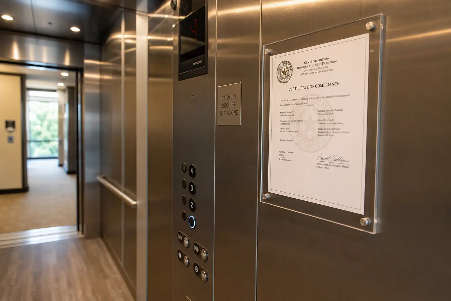 Elevator Certificate of Compliance displayed inside a commercial cab in San Antonio, showing inspection records are issued by the authority having jurisdiction and stay with the equipment