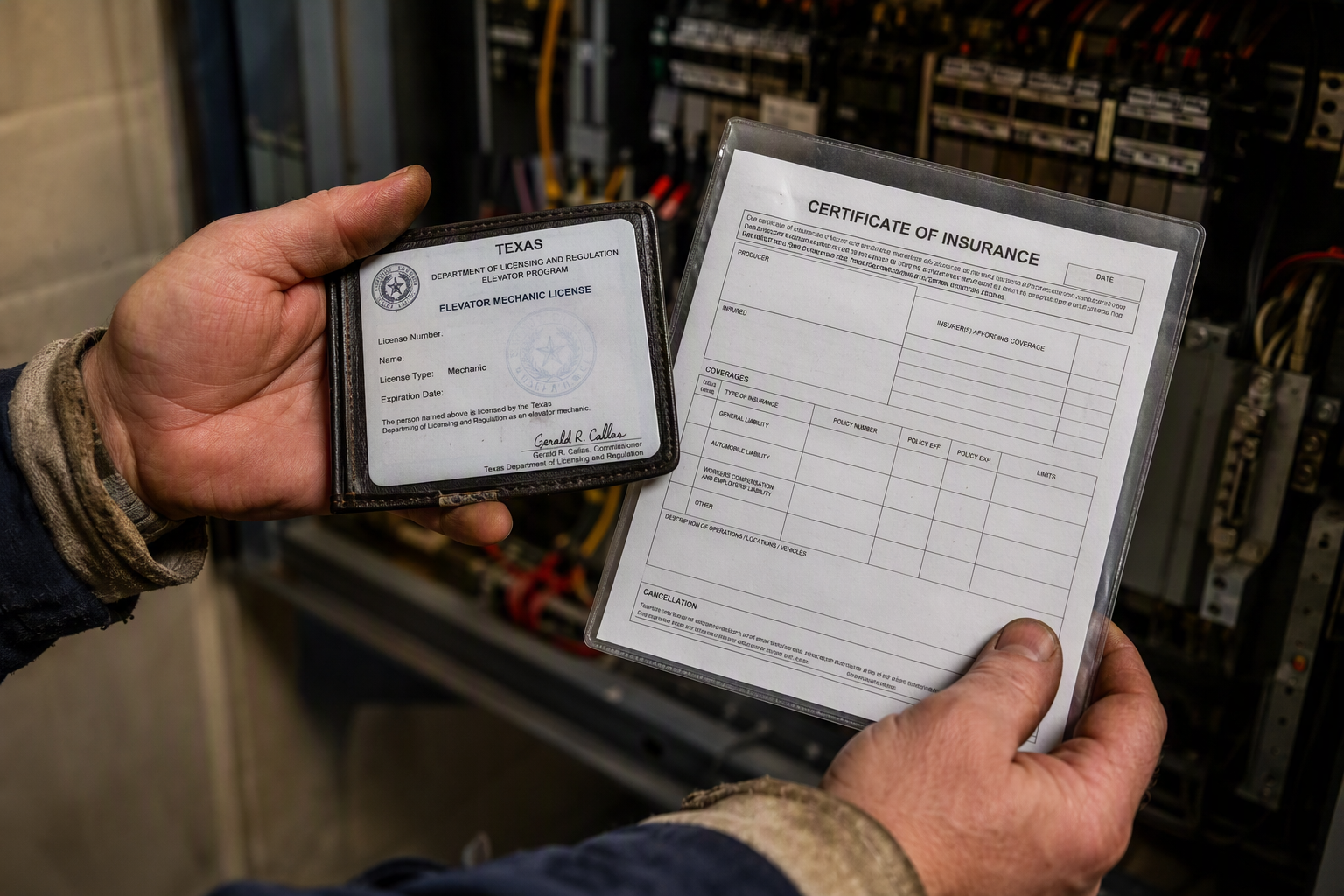 Elevator mechanic holding a Texas TDI elevator license and certificate of insurance in a Dallas commercial building machine room