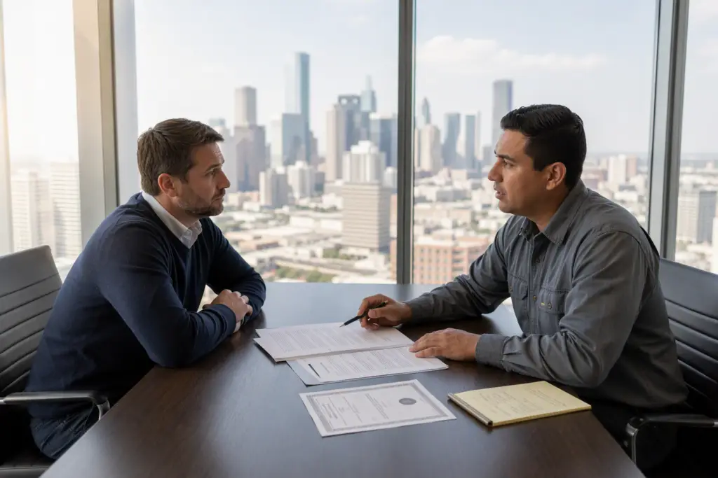 Facility manager reviewing an elevator service contract with a technician representative in a Houston TX high-rise office before signing