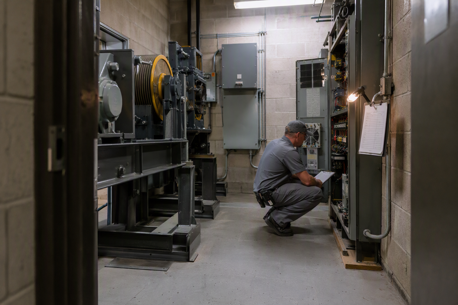 Elevator technician reviewing an ASME A17.3 compliance checklist on a clipboard inside a Dallas TX commercial building machine room
