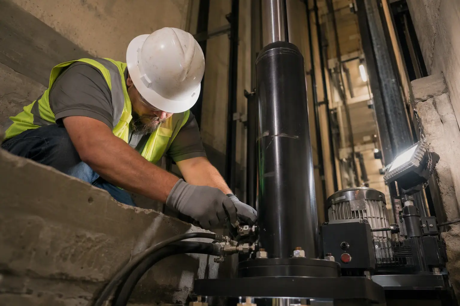 Holeless Hydraulic Cylinder Installation Detail Elevator mechanic adjusting a holeless hydraulic cylinder assembly during installation in a low-rise building, showing the compact pit-level equipment suited for buildings up to six stops.