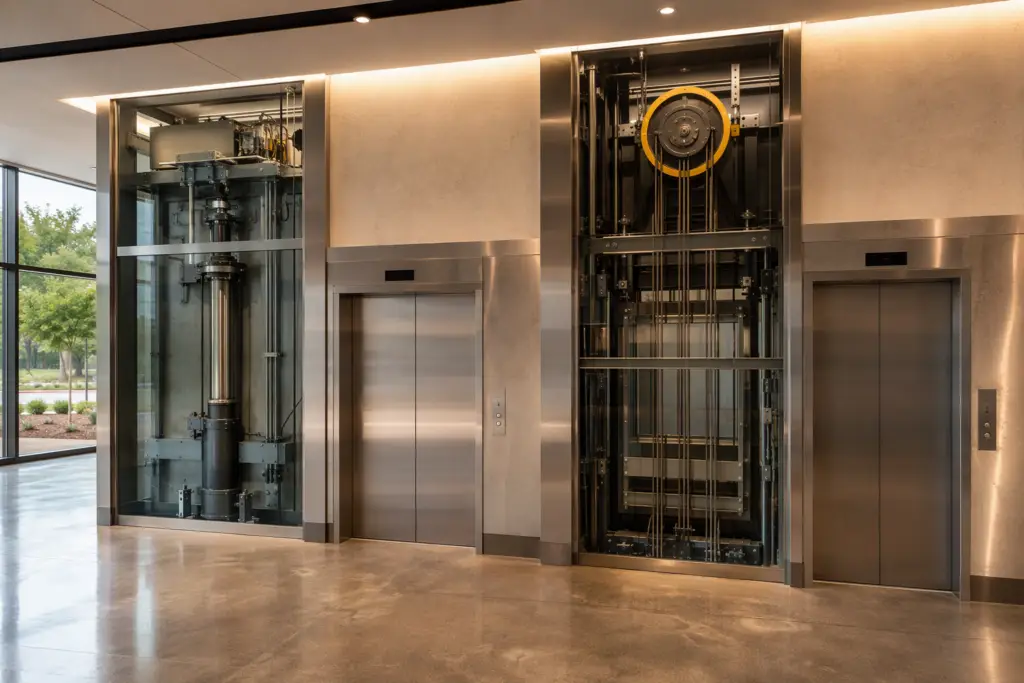 Side-by-side hydraulic and traction elevator systems in a Houston Texas commercial building lobby, illustrating the core choice between the two elevator types.