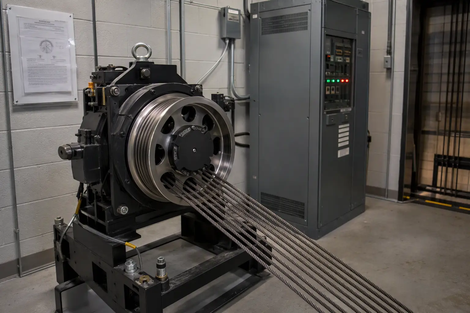 Gearless Traction Machine Room Equipment Gearless traction elevator machine room in a Dallas mid-rise building showing sheave, wire ropes, and VFD controller required to meet ASME A17.1 safety code standards.