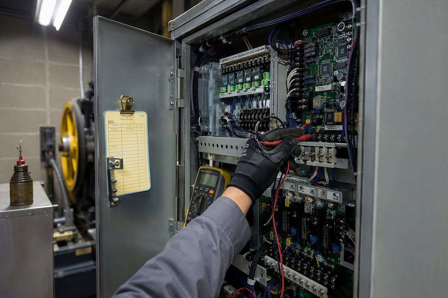 Elevator technician testing controller panel terminals in a Dallas commercial building machine room, assessing whether maintenance contract scope covers electrical diagnostics and parts.