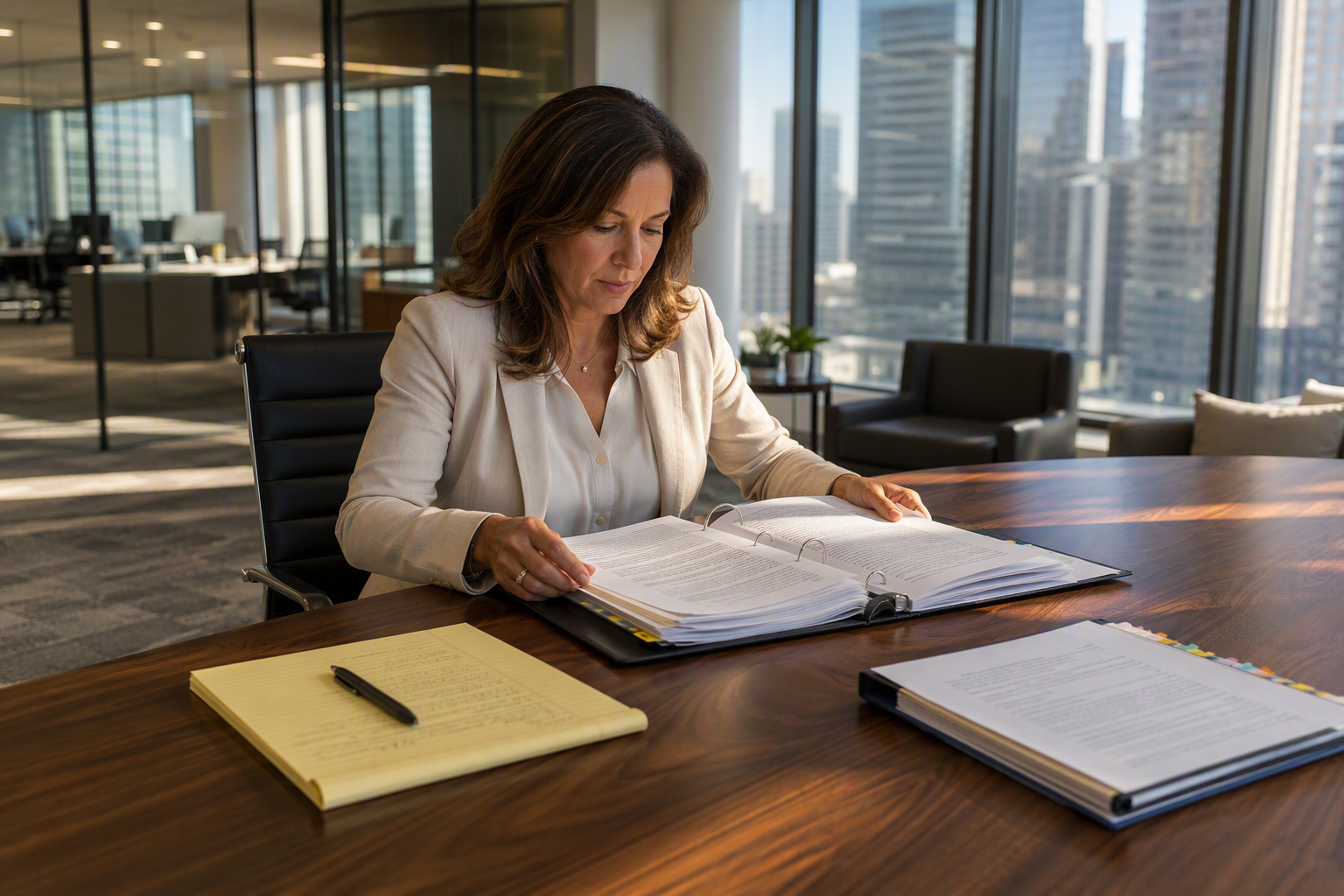 Building manager reviewing elevator maintenance contract documents at a Houston office desk, checking scope of coverage and vendor obligations against ASME A17.1 requirements.