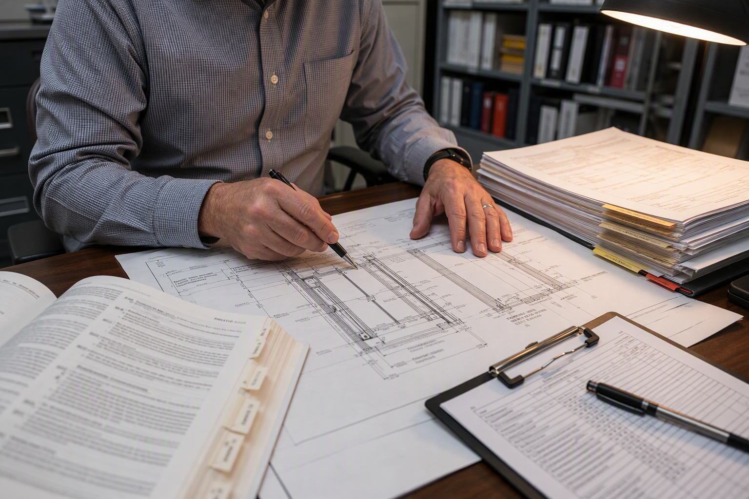 Elevator permit application and ASME A17.1 code documents being reviewed by an Authority Having Jurisdiction inspector in a Texas municipal office