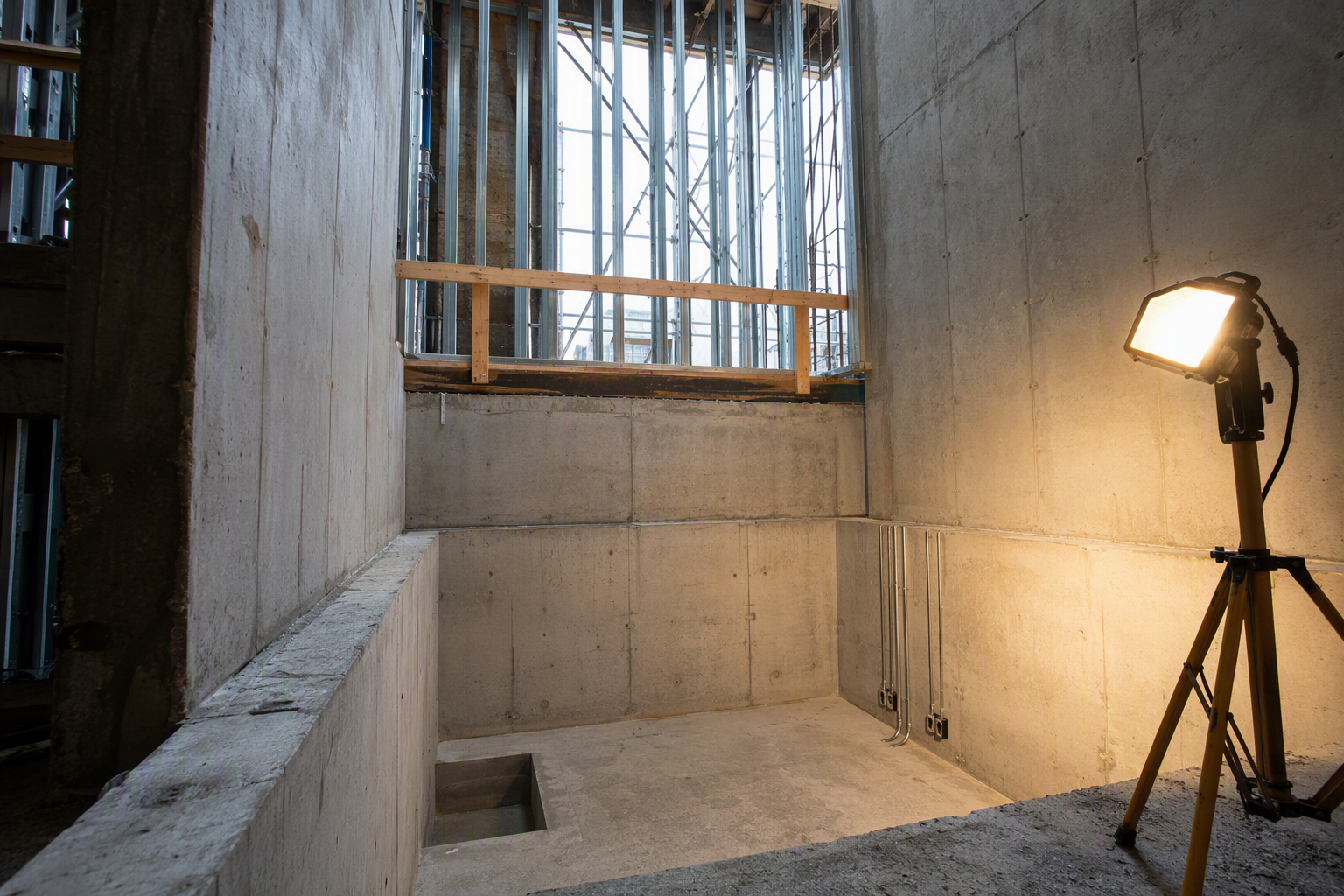 Newly formed concrete elevator pit and hoistway interior in a new construction multifamily building showing pit depth and rough-in conduit before elevator installation