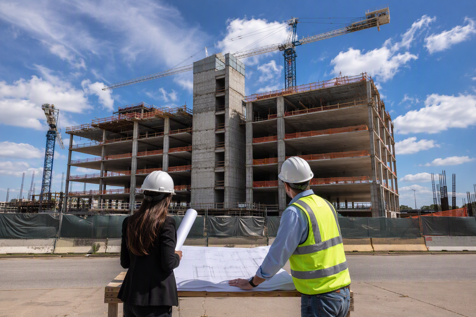 Architect and project manager reviewing elevator hoistway plans at a new construction multifamily building site in Houston TX during schematic design phase