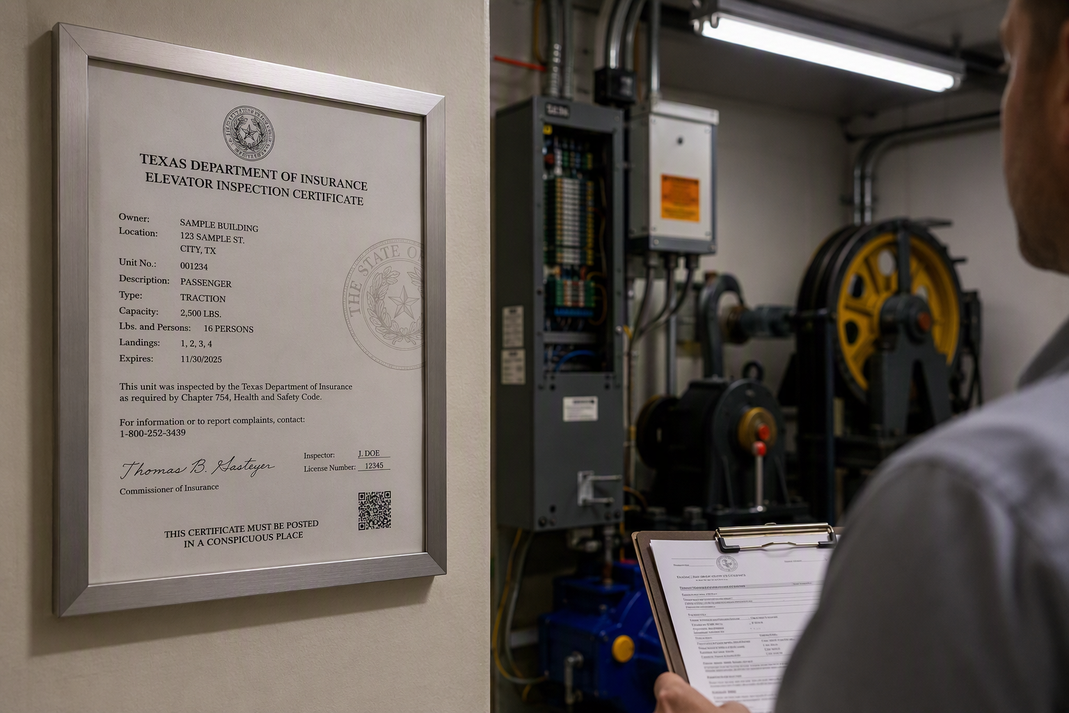 TDI elevator inspection certificate displayed in a Houston building machine room beside a traction elevator controller, representing Texas code compliance requirements for new elevator installations.