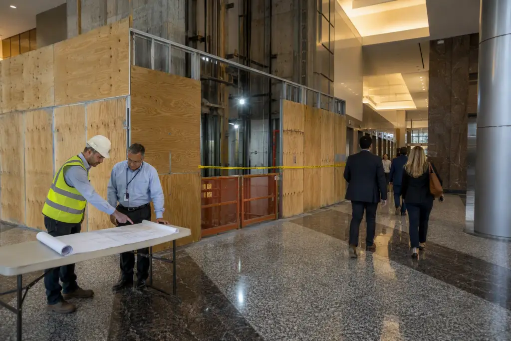 Licensed elevator contractor and building manager review installation plans in an occupied Houston office building lobby beside a phased hoistway construction barrier, allowing normal operations to co