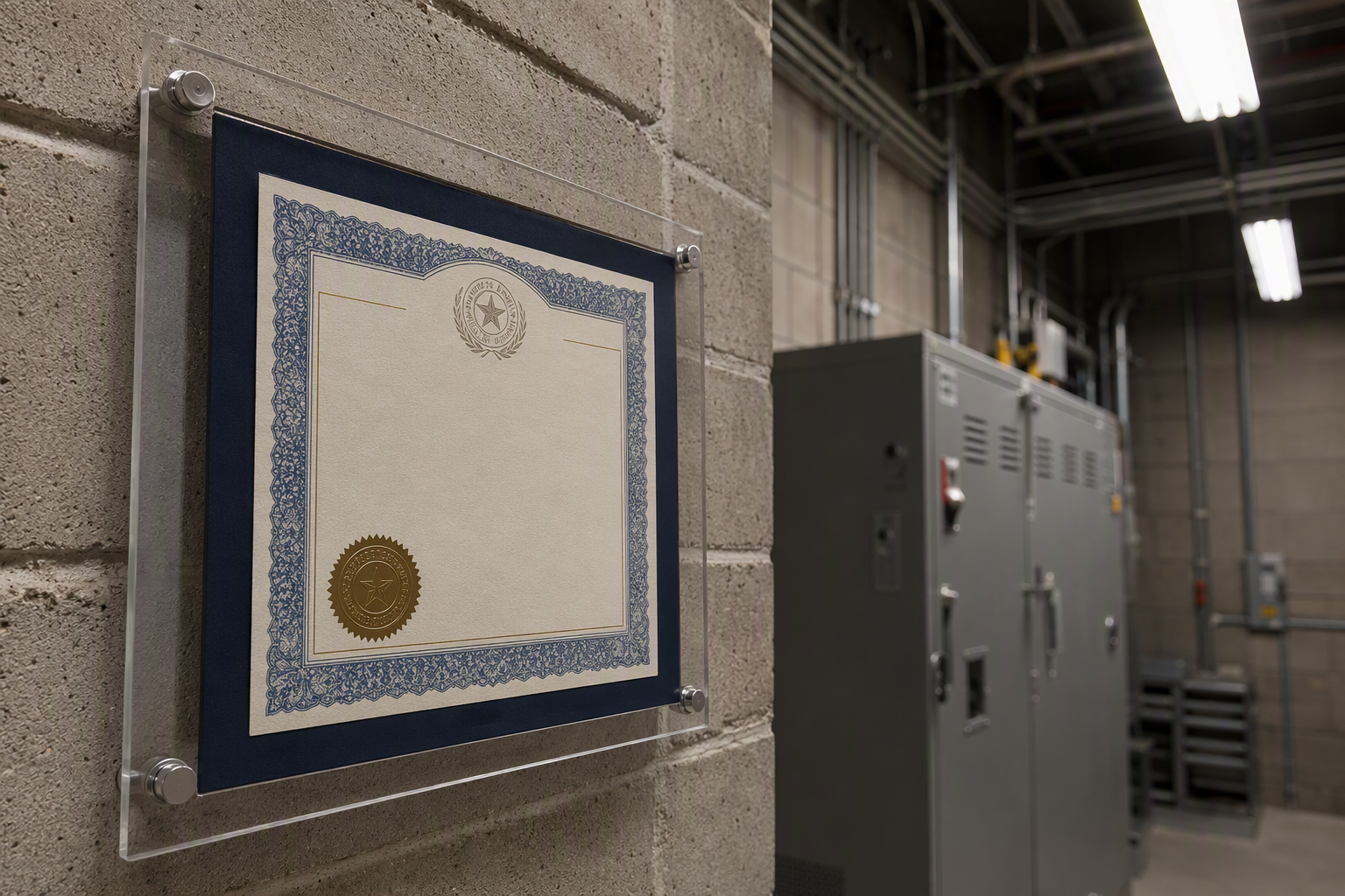 TDI elevator contractor license certificate displayed in a Texas machine room, verifying vendor credentials required before signing an elevator maintenance contract