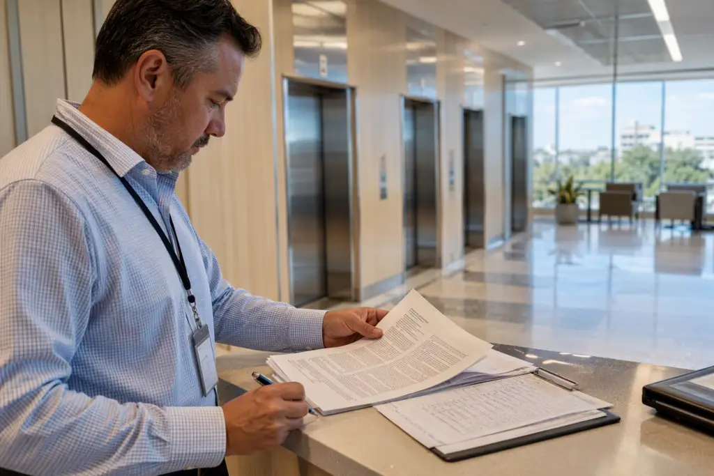 Healthcare facility manager in Austin reviewing an elevator maintenance contract before signing with a new vendor, standing near hospital elevator bank