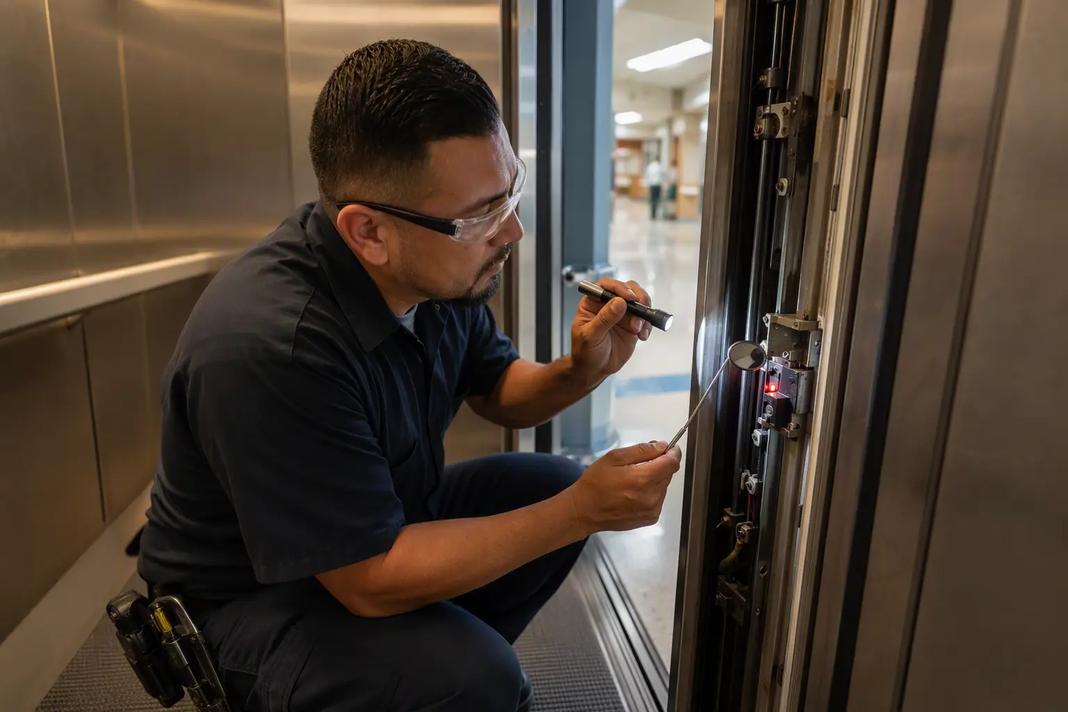 Elevator mechanic inspecting ADA door sensor and safety edge on a stretcher-capacity hospital elevator in San Antonio during routine maintenance